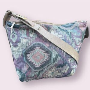 Vintage Tapestry Carpet Large Crossbody Tote Bag, Leather Lined Divided Section